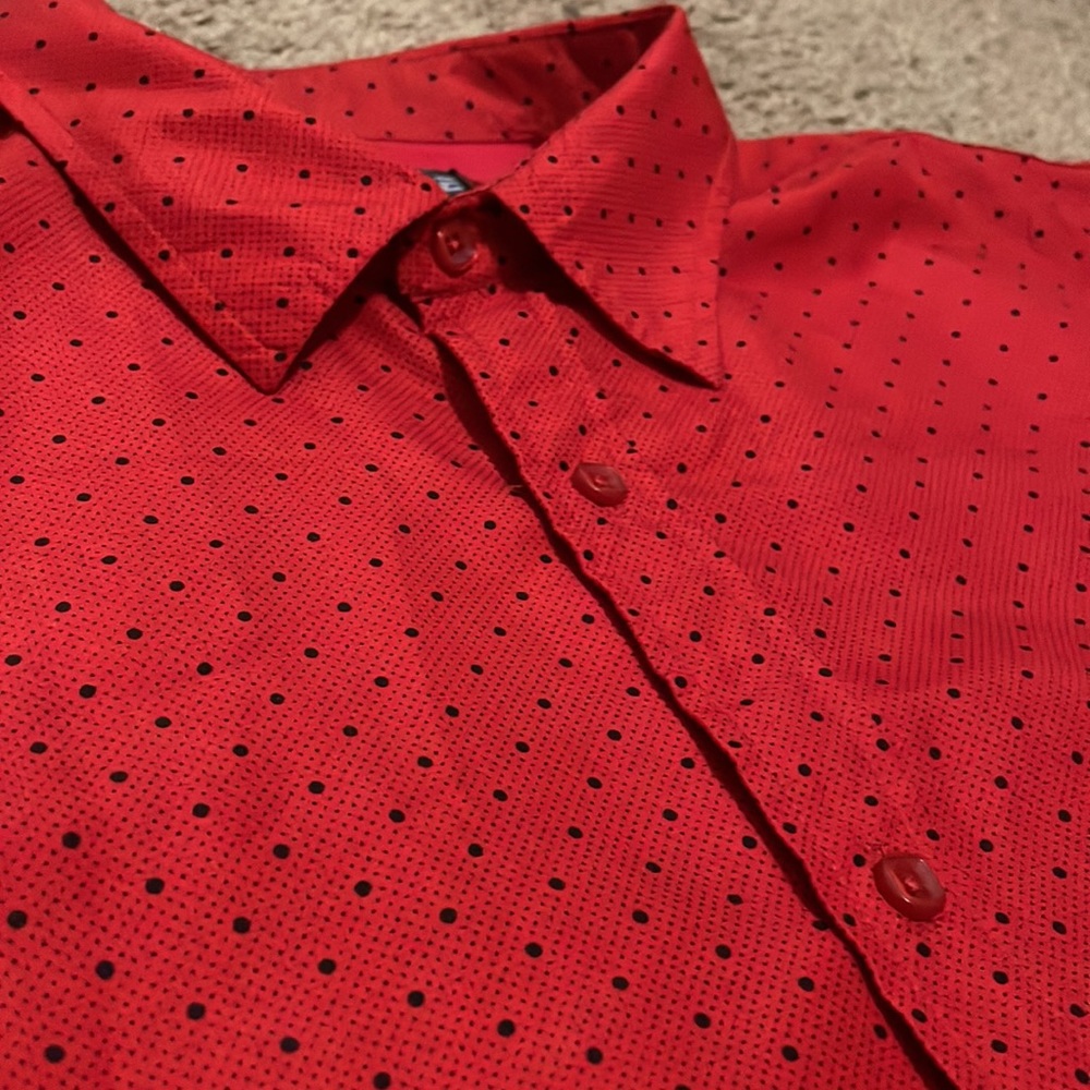 Red with black dots mens button up size large